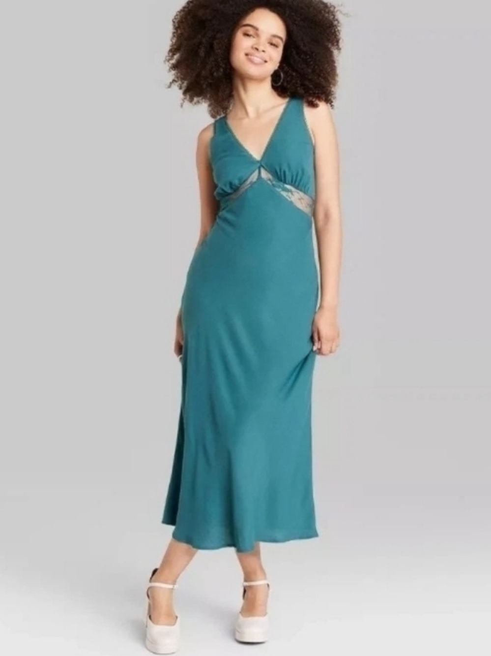 NWT Wild Fable Women's Lace Detail V-Neck Midi Slip Dress, Dark Teal Sz L